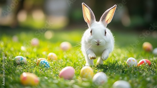 Cute Rabbit Runs Among Colorful Eggs in a Grassy Field During Springtime Fest...