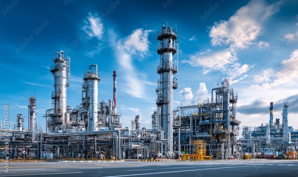 Obraz premium Industrial Oil Refinery Facility Under Bright Sky with Clean Environment Structures