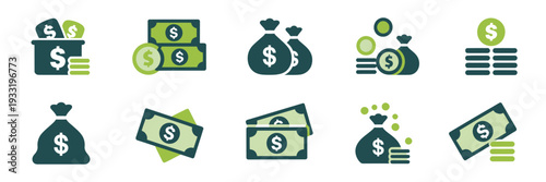 Various money icons with dollar  cash and finance symbols
