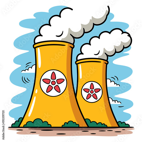 Cartoon nuclear power plant towers emitting smoke
