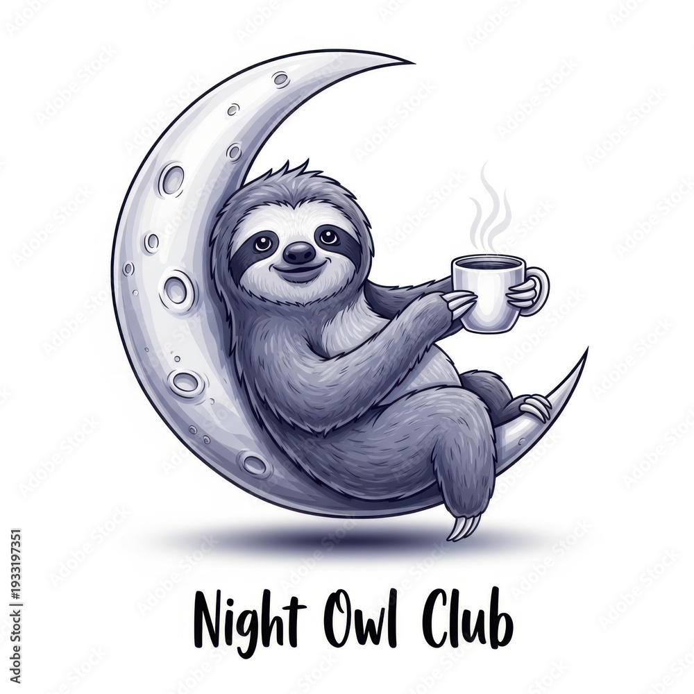 Fototapeta premium Cute smiling sloth sitting on crescent moon holding coffee cup in flat vector night owl club illustration style