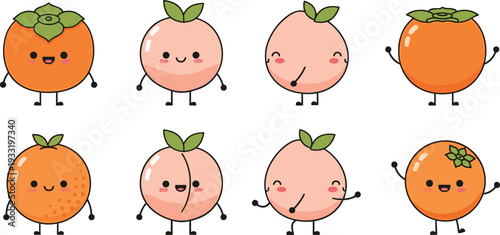 Cute Persimmon and Peach Cartoon Characters Collection with Funny Fruit Mascot Illustrations Vector Set