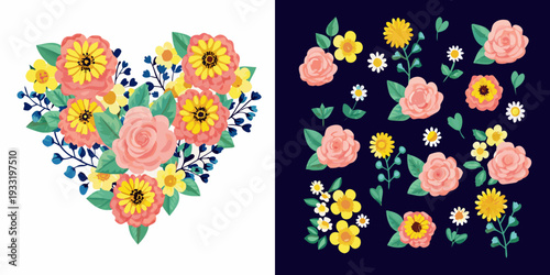 Floral arrangements with roses sunflowers and daisies on contrasting backgrounds