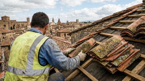 worker in safety vest repairing roof tiles on historic building