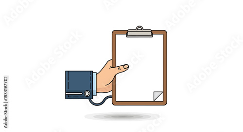 Cartoon hand points to clipboard with check mark. Vector Icon. EPS Editable