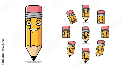 Cheerful Cartoon Pencil Family with Erasers and Smiles. Vector Icon. EPS Editable