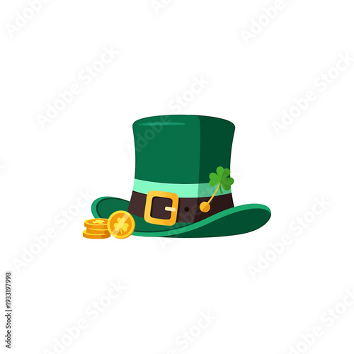 Emerald Leprechaun Hat With Gold Coins for St Patrick Day. Vector Icon. EPS Editable