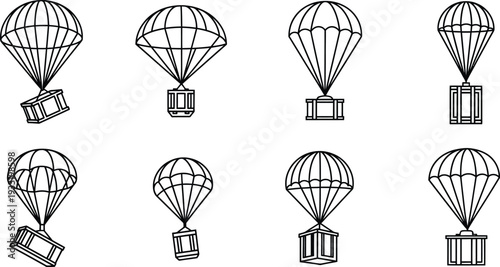 Set of minimalist line art parachute cargo drop icons perfect for illustrating logistics air delivery or emergency supply concepts