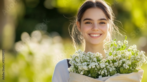 Young Woman Carries Flowers in a Field During Daytime in Spring