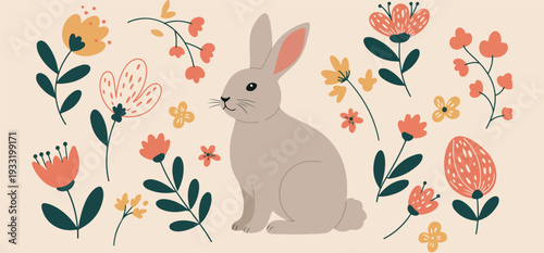 A gray rabbit surrounded by colorful flowers and foliage on a beige background