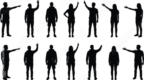 people silhouette set, pointing gesture collection, human figure silhouettes, man and woman silhouettes, isolated black silhouettes, body language poses