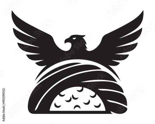 Black eagle standing on a pile of golf balls with wings spread wide outdoors