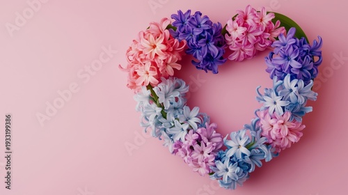 Heart Shape Made of Purple Flowers on Pink Background in a Creative Display f...