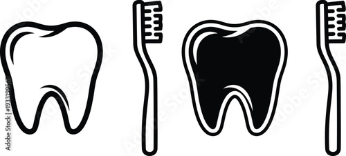 Tooth and toothbrush dental black white