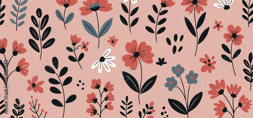 Colorful floral pattern with pink flowers and leaves on soft pink background