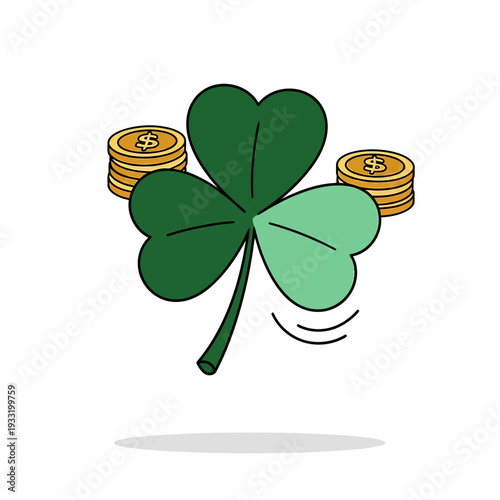 Lucky Shamrock Coin Brings Money Fortune. Vector Icon. EPS Editable