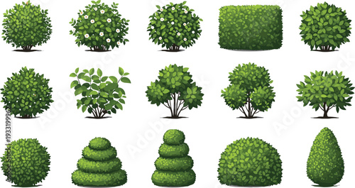 Realistic Green Bush and Shrub Vector Set Featuring Garden Hedges, Decorative Plants, and Natural Foliage Elements for Landscape and Nature Designs