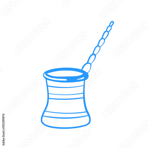 Vector hand-drawn linear drawing of an iron jezve for making Turkish coffee on coals. Sketch illustration in Mediterranean blue line retro style.