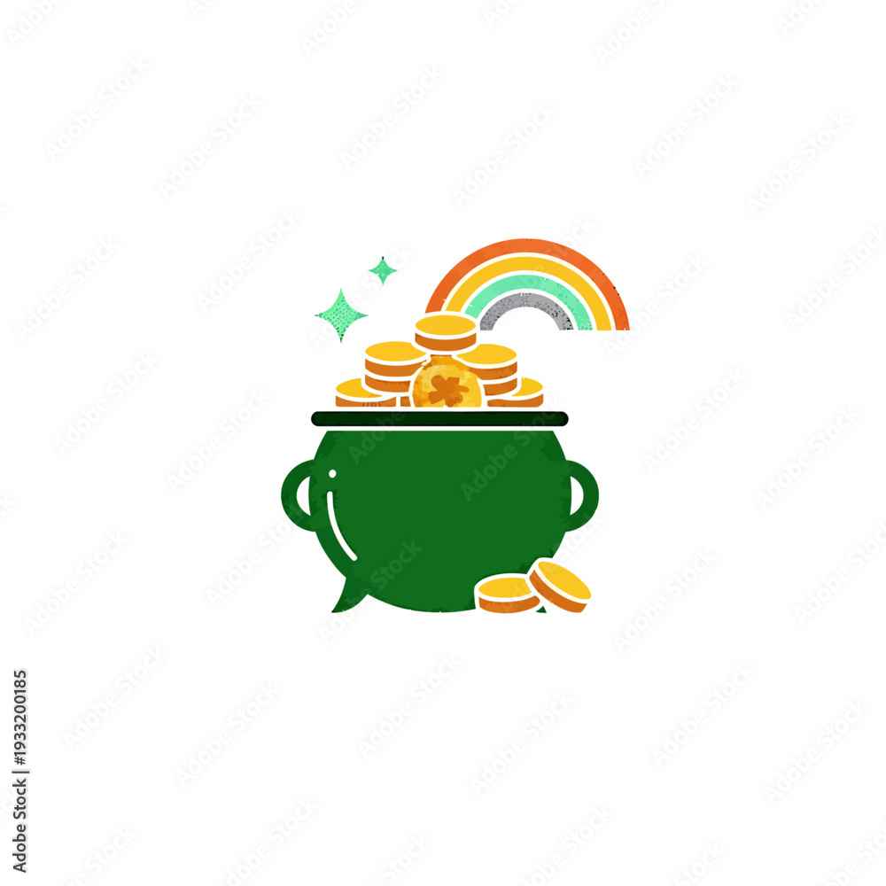 Naklejka premium Pot of Gold with Rainbow and Sparkling Coins. Vector Icon. EPS Editable