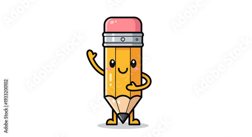 Playful Pencil Character Waving in Bright Classroom. Vector Icon. EPS Editable