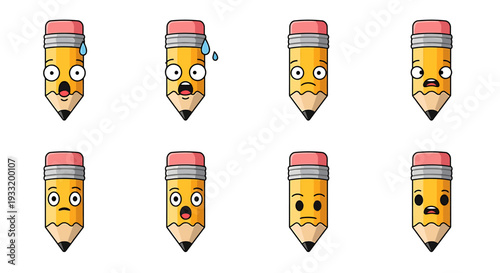Playful Pencil Characters Cartoon Set with Faces. Vector Icon. EPS Editable