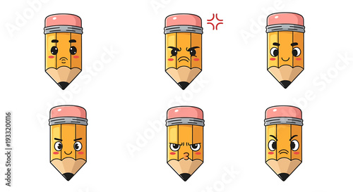 Playful Yellow Pencil Mascots with Expressive Faces. Vector Icon. EPS Editable