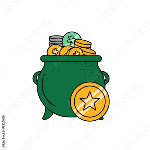 Pot of Gold Treasure in Green Cauldron Illustration for Luck and Wealth. Vector Icon. EPS Editable