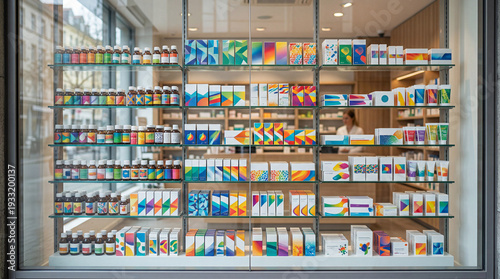 Cuadro en lienzo A pharmacy storefront window displays neatly arranged shelves with a variety of colorful medicine boxes and bottles