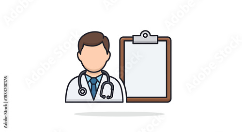 Professional Doctor With Clipboard In Medical Setting. Vector Icon. EPS Editable