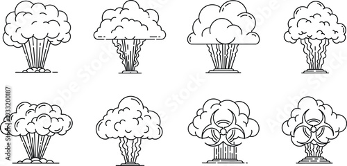 Vector illustration set of mushroom clouds depicting atomic explosions and biohazard threats perfect for concepts of war danger and environmental disaster