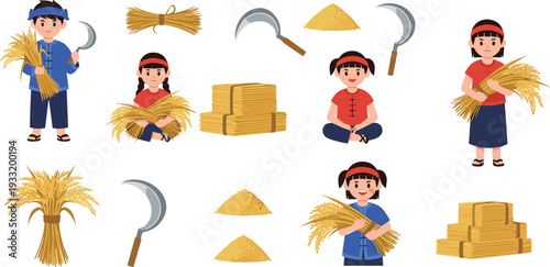 Traditional Farming and Harvest Illustration Set Featuring Farmers, Wheat Bundles, Sickles, Haystacks, and Agricultural Work Scenes for Rural Design Projects