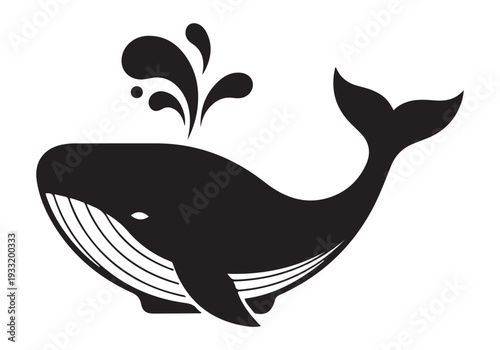 Black silhouette of a whale with water splashing out  ocean animal graphic