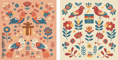 Vintage embroidered tapestries with colorful birds flowers and foliage