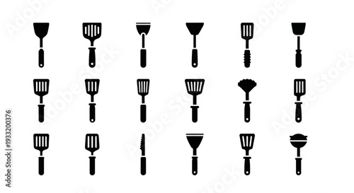 Collection of various kitchen utensils displayed in a grid pattern on a simple background from a direct viewpoint
