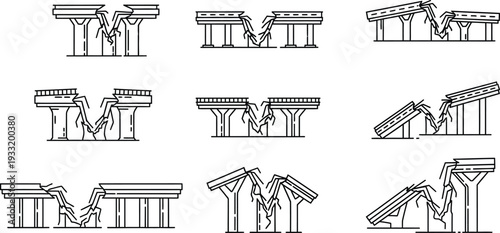 Collection of collapsing bridge and overpass structures illustrating earthquake damage or structural failure with minimalist line art perfect for engineering and disaster risk concepts