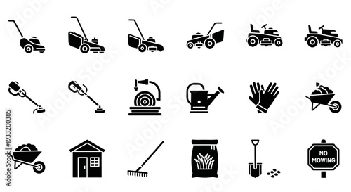 Gardening tools and equipment icons set on a plain background viewed from a straightforward angle