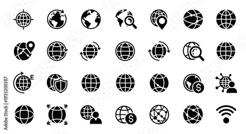 Collection of global network icons representing various aspects of global connectivity and technology
