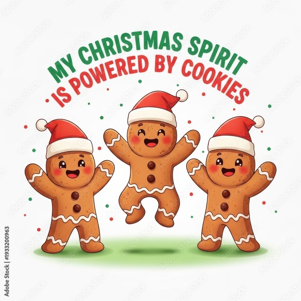 Fototapeta premium Three cheerful gingerbread cookie characters with Santa hats celebrating holiday spirit in flat cartoon vector design