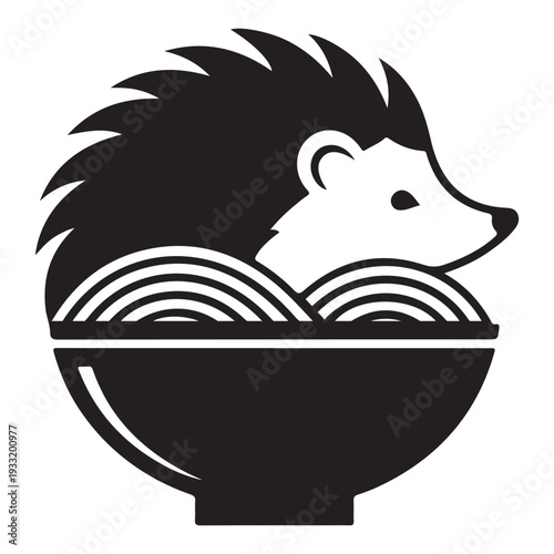 Hedgehog sitting in a bowl of noodles side view monochrome