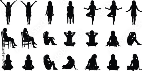Children silhouettes collection in various sitting, standing and playful poses black vector illustration isolated on white background for education and design
