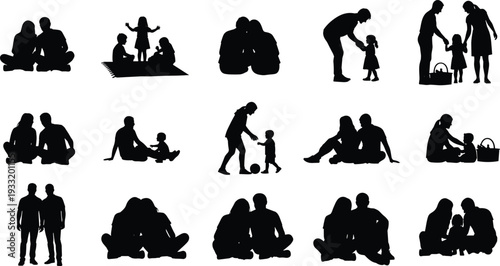 Family silhouettes collection with parents and children sitting, playing and spending time together black vector illustration isolated on white background