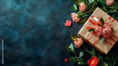 Gift Box With Pink Flowers Arranged on a Dark Background