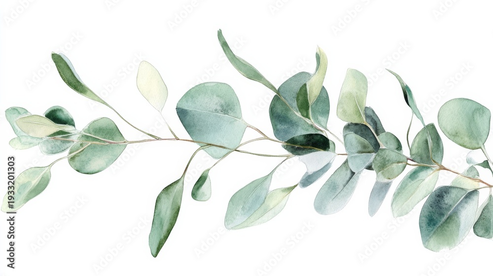 Fototapeta Beautiful watercolour eucalyptus branch with detailed leaves and soft colors in a simple arrangement for nature lovers