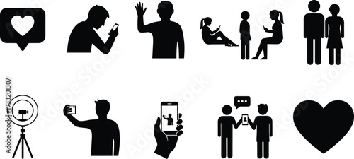 Social media and communication silhouettes icons set with people, smartphone, heart and video blogging black vector illustration isolated on white background