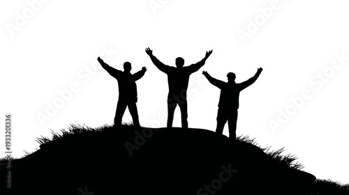 Three triumphant people silhouettes with raised arms on a hill, symbolizing freedom, success, and achievement.
