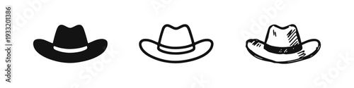 Western cowboy hat icon collection featuring glyph, outline, and hand-drawn sketch variations.