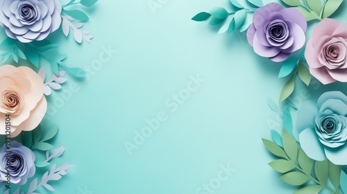 Colorful Paper Flowers Arranged on a Blue Background for Decoration and Craft...