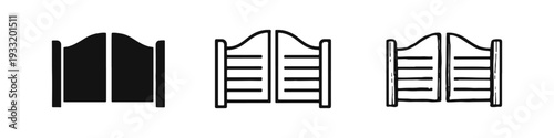 Set of western saloon doors icons in glyph, outline, and hand-drawn sketch styles for Wild West designs.