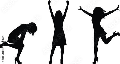 Young woman silhouettes expressing emotion in dynamic poses, standing, celebrating and jumping black vector illustration isolated on white background
