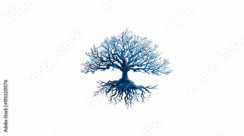 Stylized blue tree illustration with intricate branches and deep roots, symmetrical design on a clean white background.